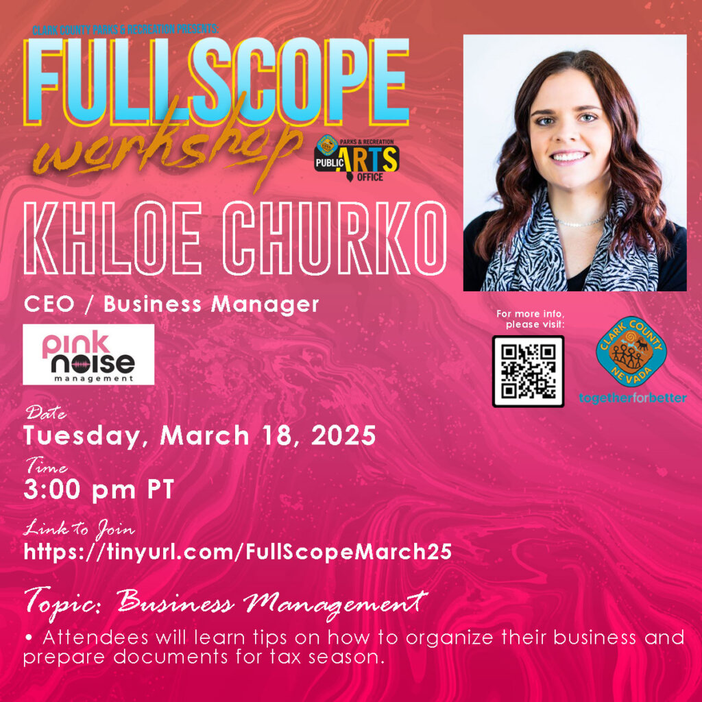 Poster for Full Scope Workshop for March invites Khloe Churko of Pink Noise Management to speak about business management for artists.