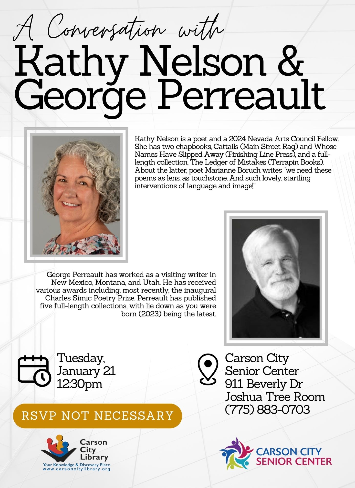 Event poster for A Conversation with Kathy Nelson and George Perreault.