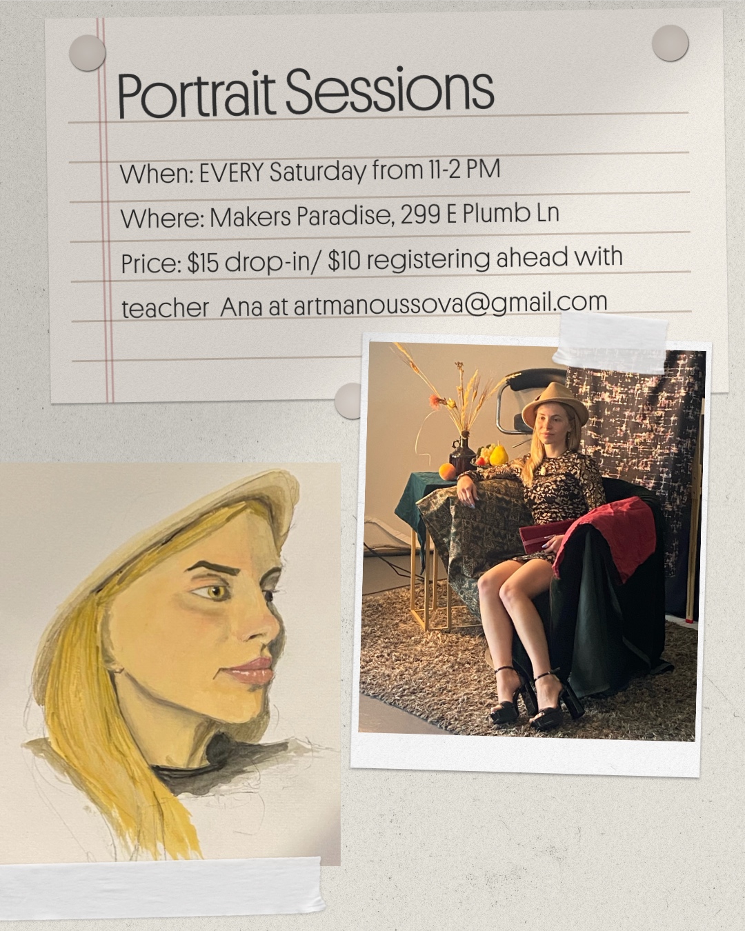 Portrait Session flyer with class information and two images of young women