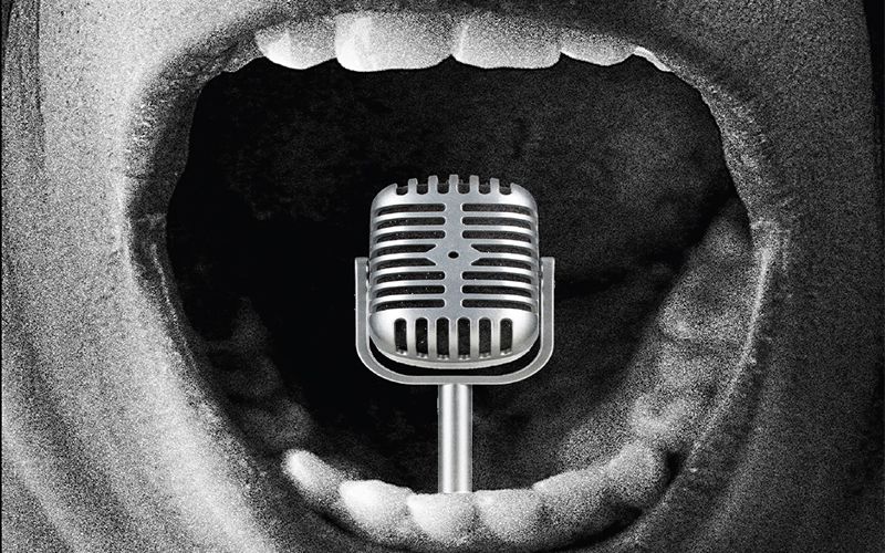 Illustration of a early 1900s microphone coming out of a mouth.