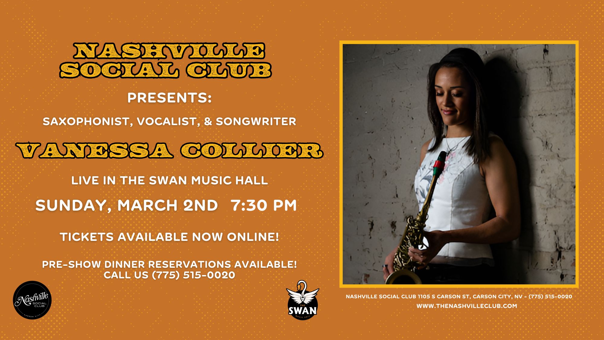 Event poster for Sax and Soul: Vanessa Collier Live! with details